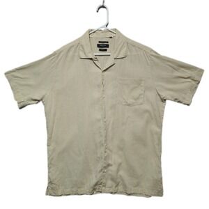 Kenneth Cole Mens XL Beige Slim Fit Linen Blend Short Sleeve Button Up Shirt